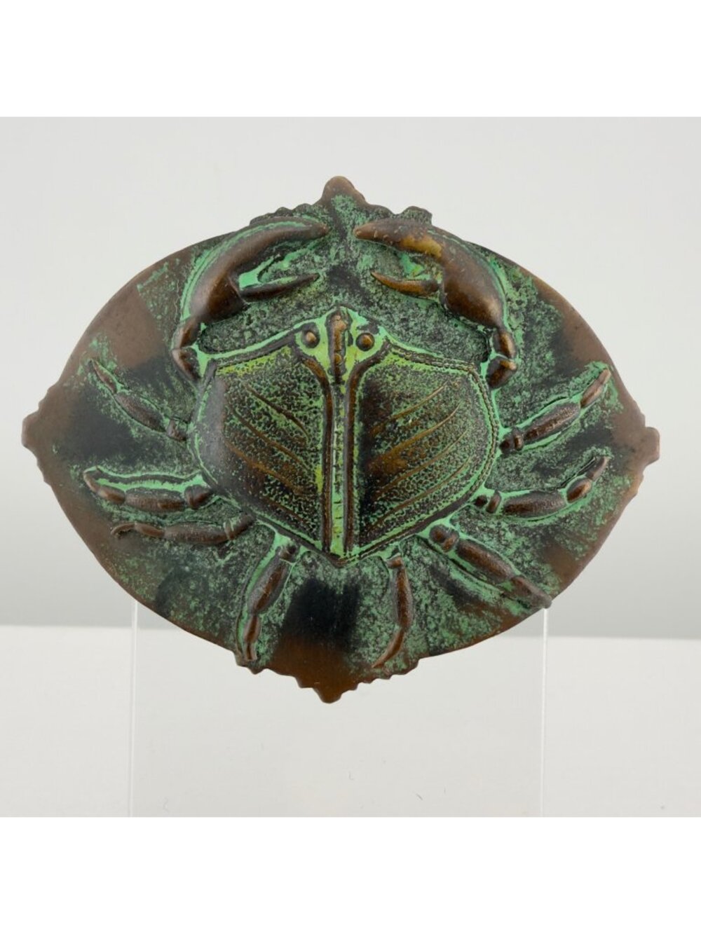 Antique Brass Crab Design Oval Brooch With Green Patina Finish - 2.5 Inches Wide